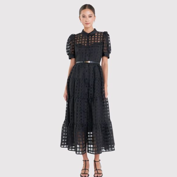 English Factory Dress Black Gridded Organza Tiered Maxi Puff Sleeve Fit Flare XS - Picture 1 of 11